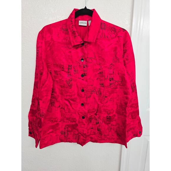Chico's Linen Silk Blend Shirt Size 1 M Red Black Artsy Funky People Button Down - Picture 1 of 11